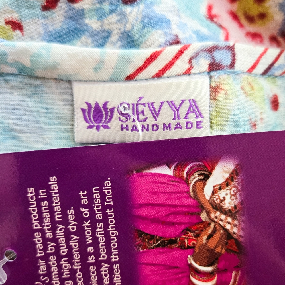 NWT Sevya Handmade Block-Printed Cotton Caftan, Blue and Pink - Picture 5 of 5